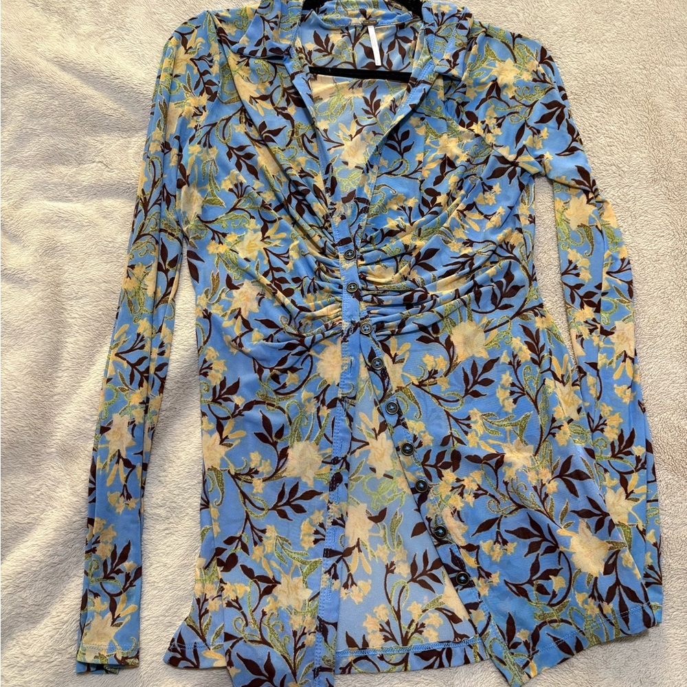 Free people Floral Blue Long Sleeve Women's Top